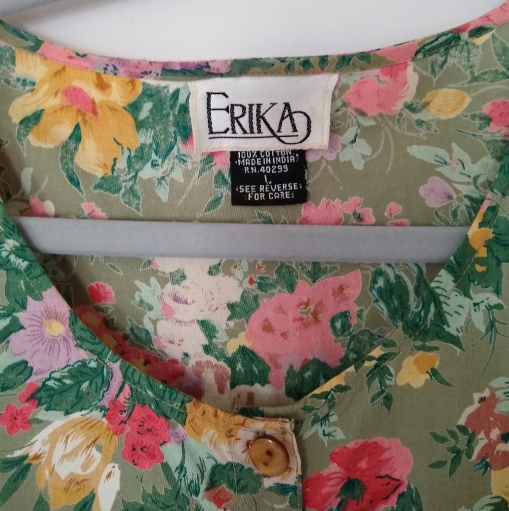 Vintage 90's Erika Cotton Green Multicolor Floral Cottage Midi Dress Sz Lg - Picture 7 of 9